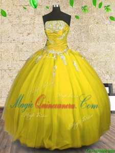 Nice Yellow Sweet 16 Dresses Military Ball and Sweet 16 and Quinceanera and For with Appliques and Ruching Strapless Sleeveless Lace Up