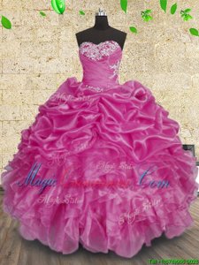 Fitting Fuchsia Lace Up Sweetheart Beading and Appliques and Ruffles and Ruching Sweet 16 Dresses Organza Sleeveless