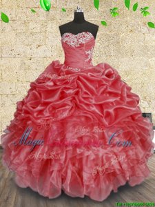 Trendy Coral Red Sleeveless Floor Length Beading and Appliques and Ruffles and Ruching Lace Up Ball Gown Prom Dress