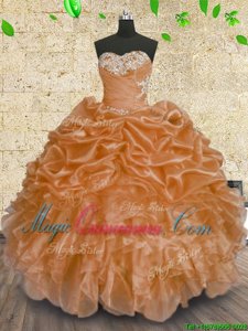 Sophisticated Sleeveless Floor Length Beading and Appliques and Ruffles and Sequins Lace Up Sweet 16 Dress with Orange