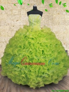 Yellow Green Sleeveless Organza Lace Up Quinceanera Dresses for Military Ball and Sweet 16 and Quinceanera