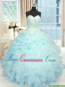 Trendy Sleeveless Floor Length Beading and Pick Ups Lace Up Quinceanera Gown with Aqua Blue