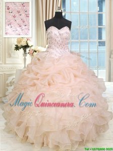 Peach Organza Lace Up Quince Ball Gowns Sleeveless Floor Length Beading and Ruffles