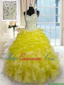 Best Yellow Sleeveless Organza Zipper Quinceanera Dress for Military Ball and Sweet 16 and Quinceanera