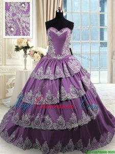 Flare Sleeveless Lace Up With Train Beading and Appliques and Ruffled Layers Quinceanera Dress