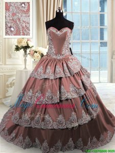 Modern Brown Lace Up Sweetheart Beading and Appliques and Ruffled Layers Quinceanera Dresses Taffeta Sleeveless Court Train