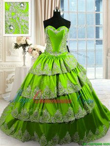 Dazzling Ruffled With Train Green Sweet 16 Quinceanera Dress Sweetheart Sleeveless Court Train Lace Up