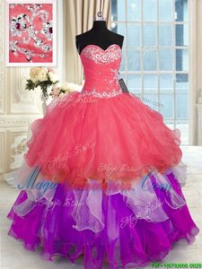 Spectacular Multi-color Lace Up Ball Gown Prom Dress Beading and Appliques Sleeveless Floor Length