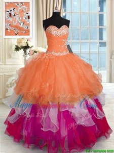 Floor Length Lace Up Quinceanera Dresses Multi-color and In for Military Ball and Sweet 16 and Quinceanera with Beading and Ruffled Layers