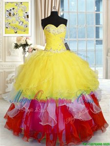 Multi-color Ball Gowns Sweetheart Sleeveless Organza Floor Length Lace Up Beading and Ruffles Quinceanera Dress