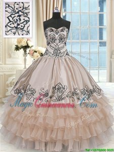 Floor Length Champagne Sweet 16 Dresses Organza and Taffeta Sleeveless Beading and Embroidery and Ruffled Layers