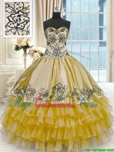 Yellow Ball Gowns Sweetheart Sleeveless Organza and Taffeta Floor Length Lace Up Beading and Embroidery and Ruffled Layers 15th Birthday Dress