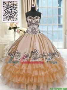 Pretty Sleeveless Taffeta Floor Length Lace Up Sweet 16 Quinceanera Dress in Orange for with Beading and Embroidery and Ruffles