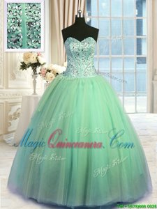 Turquoise Sleeveless Beading and Ruching Floor Length Sweet 16 Dresses