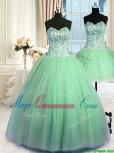 Three Piece Sweetheart Lace Up Beading Quince Ball Gowns Sleeveless