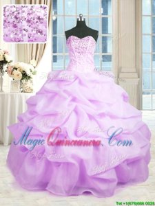 Organza Sweetheart Sleeveless Lace Up Beading and Ruffles Quinceanera Gowns in Lavender