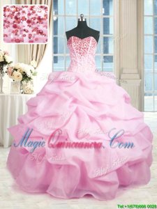 Fantastic Beading and Ruffles Quinceanera Gown Pink Lace Up Sleeveless Floor Length