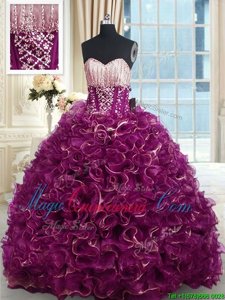 Sweetheart Sleeveless Quince Ball Gowns With Brush Train Beading and Ruffles Fuchsia Organza