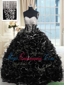 Smart Sweetheart Sleeveless Quince Ball Gowns With Brush Train Beading and Ruffles Black Organza