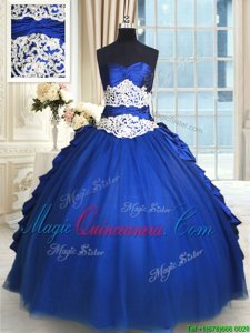 Beading and Lace and Appliques and Ruffles and Pick Ups Sweet 16 Dress Royal Blue Lace Up Sleeveless Floor Length