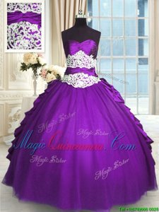 Custom Design Purple Ball Gowns Taffeta Sweetheart Sleeveless Beading and Lace and Ruching and Pick Ups Floor Length Lace Up Vestidos de Quinceanera