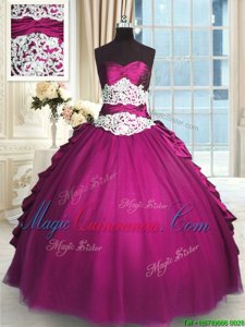 Sweetheart Sleeveless Vestidos de Quinceanera Floor Length Beading and Lace and Ruching and Pick Ups Fuchsia Taffeta and Tulle