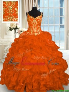 Custom Fit Orange Red Organza Lace Up Quinceanera Gowns Sleeveless Brush Train Beading and Ruffles