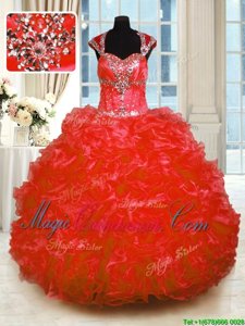 Artistic Organza Straps Cap Sleeves Lace Up Beading and Ruffles Quinceanera Gowns in Red