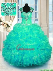 Artistic Straps Cap Sleeves Sweet 16 Dresses Floor Length Beading and Ruffles Turquoise Organza