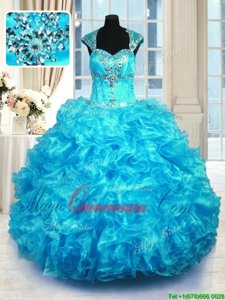 Luxury Ball Gowns 15 Quinceanera Dress Aqua Blue Straps Organza Cap Sleeves Floor Length Lace Up