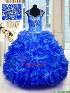 Top Selling Beading and Ruffles Quince Ball Gowns Royal Blue Lace Up Cap Sleeves Floor Length