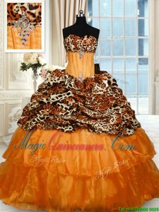 Decent Printed Lace Up Sweet 16 Quinceanera Dress Orange and In for Military Ball and Sweet 16 and Quinceanera with Beading and Ruffled Layers Sweep Train