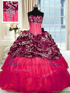 Fabulous Printed Red Sleeveless Beading and Ruffled Layers Lace Up Quince Ball Gowns