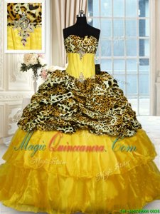 Admirable Printed Gold Sweetheart Neckline Beading and Ruffled Layers Ball Gown Prom Dress Sleeveless Lace Up