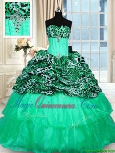 Ruffled Sweep Train Ball Gowns Quinceanera Dress Turquoise Strapless Organza and Printed Sleeveless Lace Up