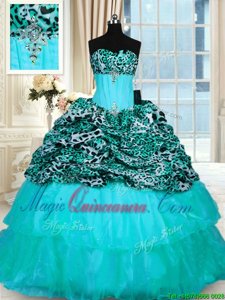 Chic Printed Lace Up Ball Gown Prom Dress Aqua Blue and In for Military Ball and Sweet 16 and Quinceanera with Beading and Ruffled Layers Sweep Train