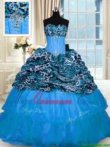 Custom Design Ruffled Sweetheart Sleeveless Sweep Train Lace Up Sweet 16 Dresses Baby Blue Organza and Printed