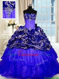 Admirable Sleeveless Organza and Printed Sweep Train Lace Up 15 Quinceanera Dress in Royal Blue for with Beading and Ruffled Layers and Sequins