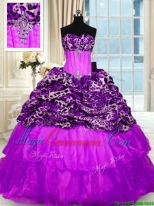 Sleeveless Organza and Printed Sweep Train Lace Up Vestidos de Quinceanera in Purple for with Beading and Ruffled Layers