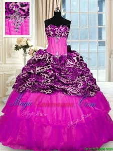 Clearance Printed Sleeveless Sweep Train Beading and Ruffled Layers and Sequins Lace Up Quinceanera Dresses