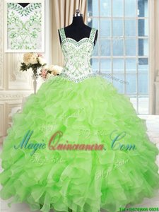 Yellow Green Ball Gowns Beading and Ruffles Ball Gown Prom Dress Lace Up Organza Sleeveless Floor Length