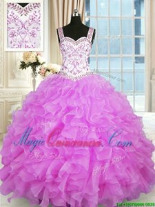 Lilac Quinceanera Dress Military Ball and Sweet 16 and Quinceanera and For with Beading and Ruffles Straps Sleeveless Lace Up