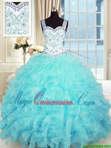 Adorable Organza Sleeveless Floor Length 15th Birthday Dress and Beading and Appliques and Ruffles