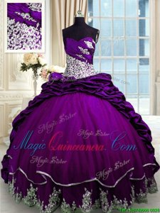 Chic Pick Ups Brush Train Ball Gowns 15th Birthday Dress Purple Sweetheart Taffeta Sleeveless With Train Lace Up