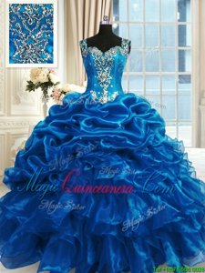 Sweet Blue Lace Up Straps Beading and Ruffles Quince Ball Gowns Organza Sleeveless