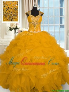 Gold Cap Sleeves Floor Length Beading and Ruffles Lace Up Quinceanera Gowns