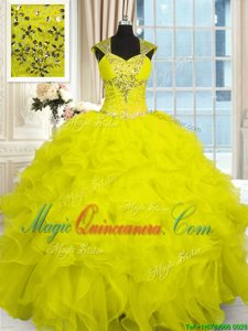 Dazzling Yellow Cap Sleeves Floor Length Beading and Ruffles Lace Up Quinceanera Gowns