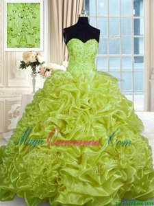 Excellent With Train Yellow Green 15th Birthday Dress Organza Sweep Train Sleeveless Beading and Pick Ups