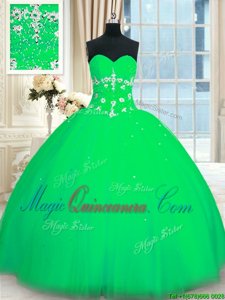 Green Sweetheart Neckline Appliques Quince Ball Gowns Sleeveless Lace Up