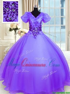 Lavender Organza Lace Up V-neck Short Sleeves Floor Length Vestidos de Quinceanera Appliques